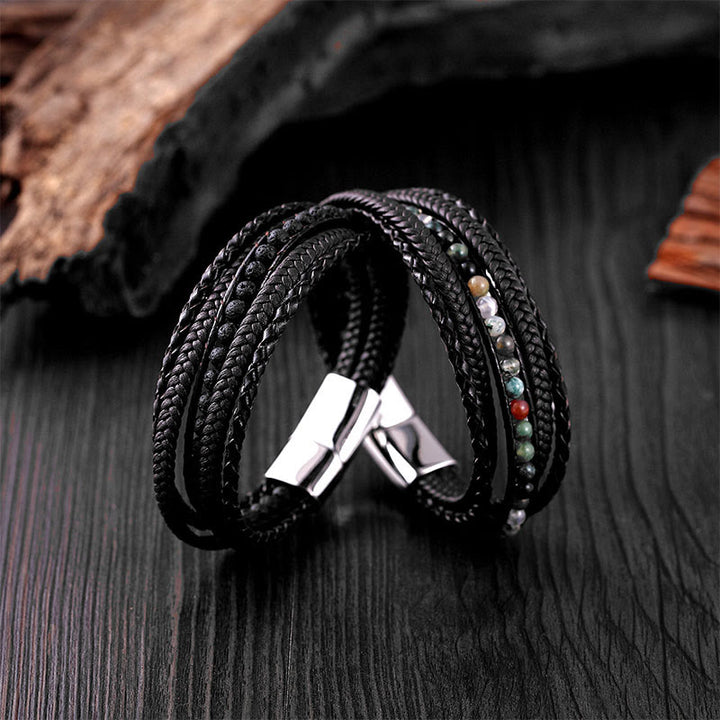 Bracelet en cuir renforcé avec Buddha Stones, hématite, agate indienne, œil de tigre et amazonite. - image 28