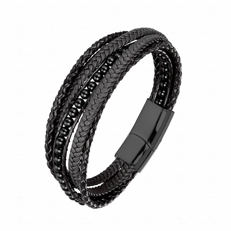 Bracelet en cuir renforcé avec Buddha Stones, hématite, agate indienne, œil de tigre et amazonite. - Boucle noire en onyx noir - 18-22 cm - image 24