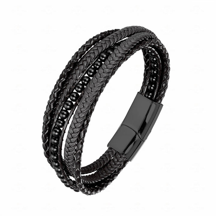 Bracelet en cuir renforcé avec Buddha Stones, hématite, agate indienne, œil de tigre et amazonite. - Boucle noire en onyx noir - 18-22 cm - image 24