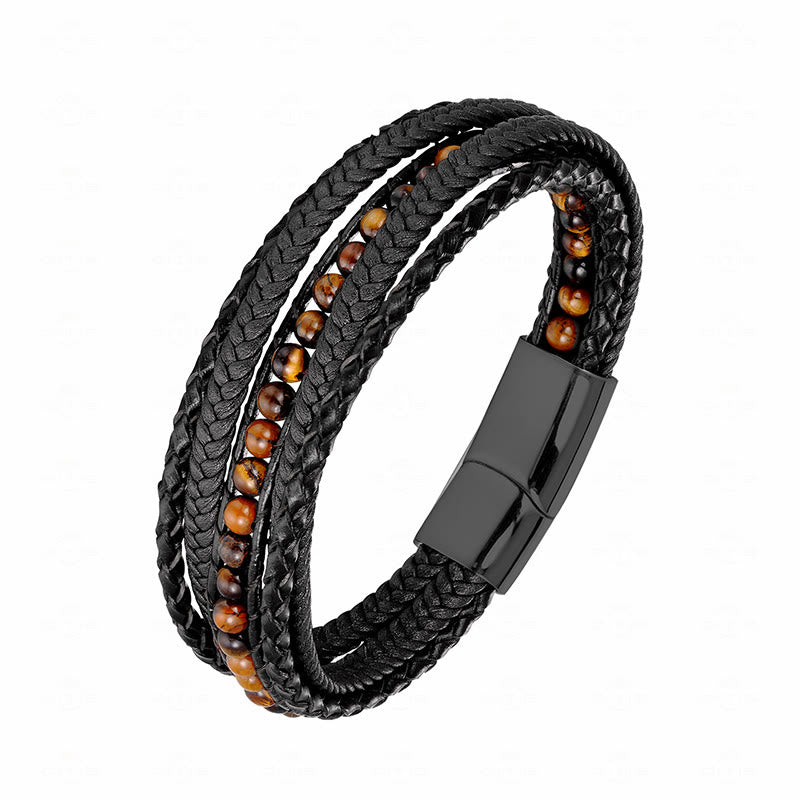 Bracelet en cuir renforcé avec Buddha Stones, hématite, agate indienne, œil de tigre et amazonite. - Boucle noire œil de tigre - 18-22 cm - image 20