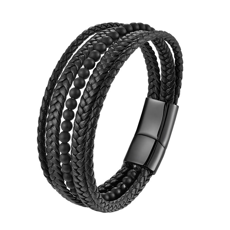 Bracelet tressé multicouche en cuir onyx noir mat Buddha Stones Fortune - image 2