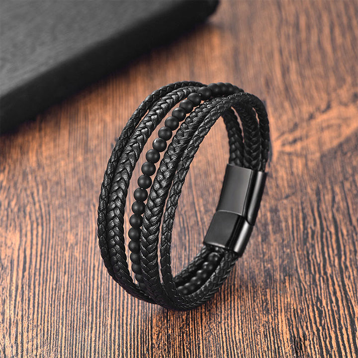 Bracelet tressé multicouche en cuir onyx noir mat Buddha Stones Fortune - Onyx noir (Tour de poignet : 18-20 cm) - image 0