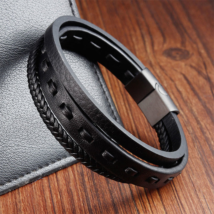 Bracelet apaisant en cuir tressé multicouche avec boucle en acier titane et Buddha Stones - image 2