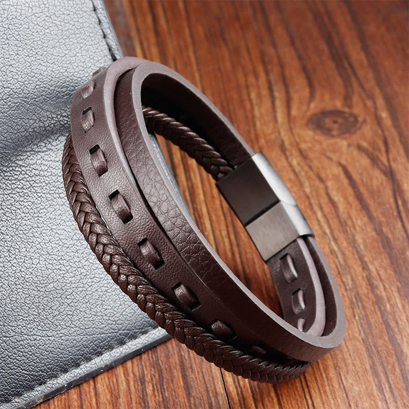 Bracelet apaisant en cuir tressé multicouche avec boucle en acier titane et Buddha Stones - image 16