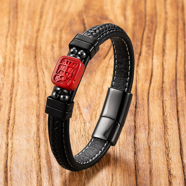 Bracelet en cuir béni avec Buddha Stones, cinabre, symbole de Bouddha, carpe koï, dragon, caractère Fu, motif Pi Xiu - Personnage sûr - 18-22 cm - image 9