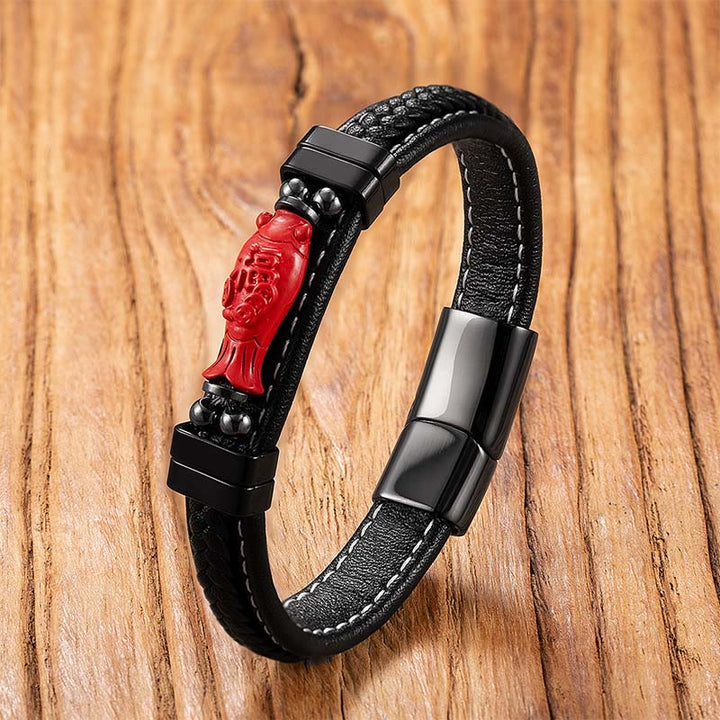 Bracelet en cuir béni avec Buddha Stones, cinabre, symbole de Bouddha, carpe koï, dragon, caractère Fu, motif Pi Xiu - Personnage de Koi Fish&Fu - 18-22 cm - image 10