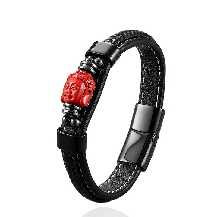 Bracelet en cuir béni avec Buddha Stones, cinabre, symbole de Bouddha, carpe koï, dragon, caractère Fu, motif Pi Xiu - image 1