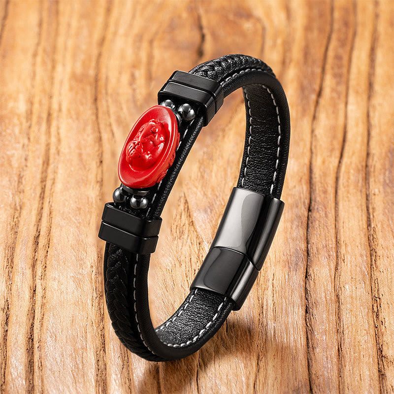 Bracelet en cuir béni avec Buddha Stones, cinabre, symbole de Bouddha, carpe koï, dragon, caractère Fu, motif Pi Xiu - Personnage Ingot&Fu - 18-22 cm - image 8