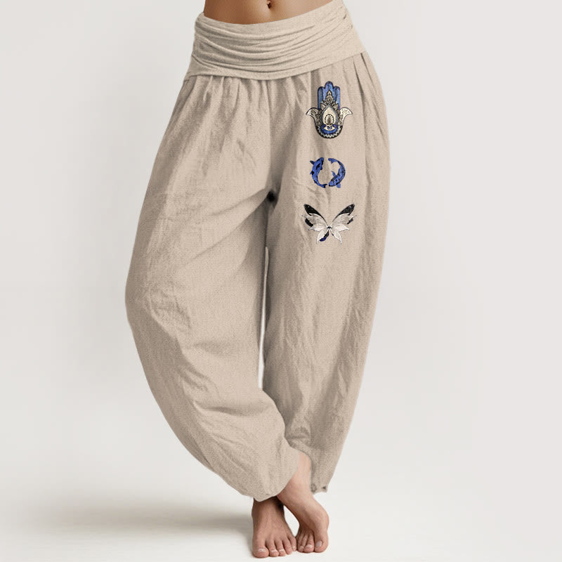 Pantalon harem à taille élastique pour femme, en pur coton, Buddha Stones, de mains de Hamsa, de carpes koï et de papillons. - Tanné - US16，UK/AU20，EU48 (3XL) - image 0
