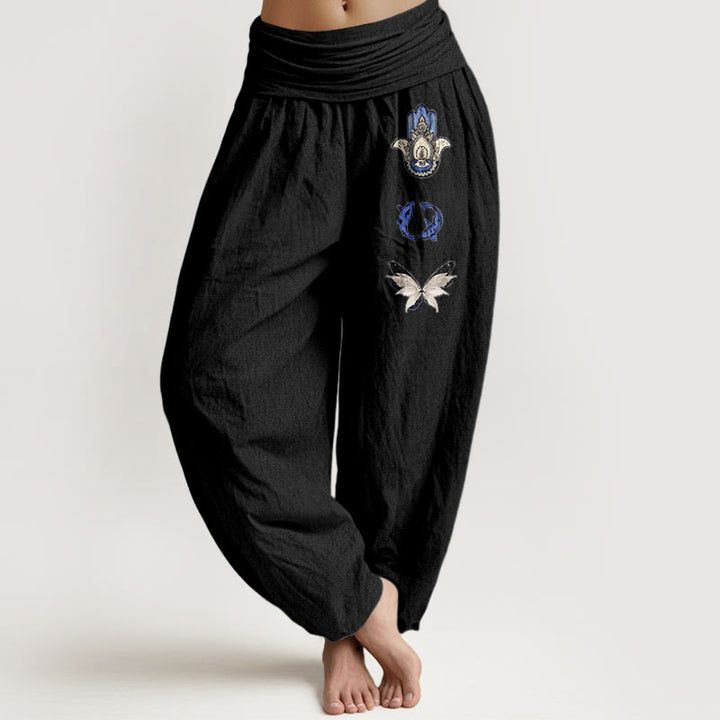 Pantalon harem à taille élastique pour femme, en pur coton, Buddha Stones, de mains de Hamsa, de carpes koï et de papillons. - Noir - US16，UK/AU20，EU48 (3XL) - image 5