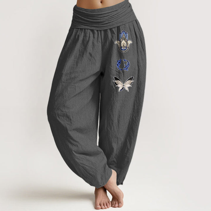 Pantalon harem à taille élastique pour femme, en pur coton, Buddha Stones, de mains de Hamsa, de carpes koï et de papillons. - Gris terne - US16，UK/AU20，EU48 (3XL) - image 11