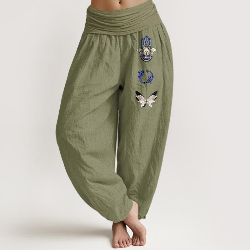 Pantalon harem à taille élastique pour femme, en pur coton, Buddha Stones, de mains de Hamsa, de carpes koï et de papillons. - Vert olive - US16，UK/AU20，EU48 (3XL) - image 14