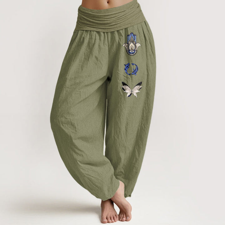 Pantalon harem à taille élastique pour femme, en pur coton, Buddha Stones, de mains de Hamsa, de carpes koï et de papillons. - Vert olive - US16，UK/AU20，EU48 (3XL) - image 14