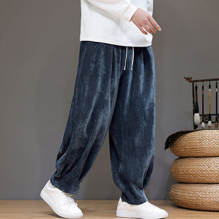 Pantalon harem homme en coton pur couleur hiver Buddha Stones, doublé polaire épaisse et poches - Bleu nuit - US/UK/AU46，EU56 (5XL) - image 0