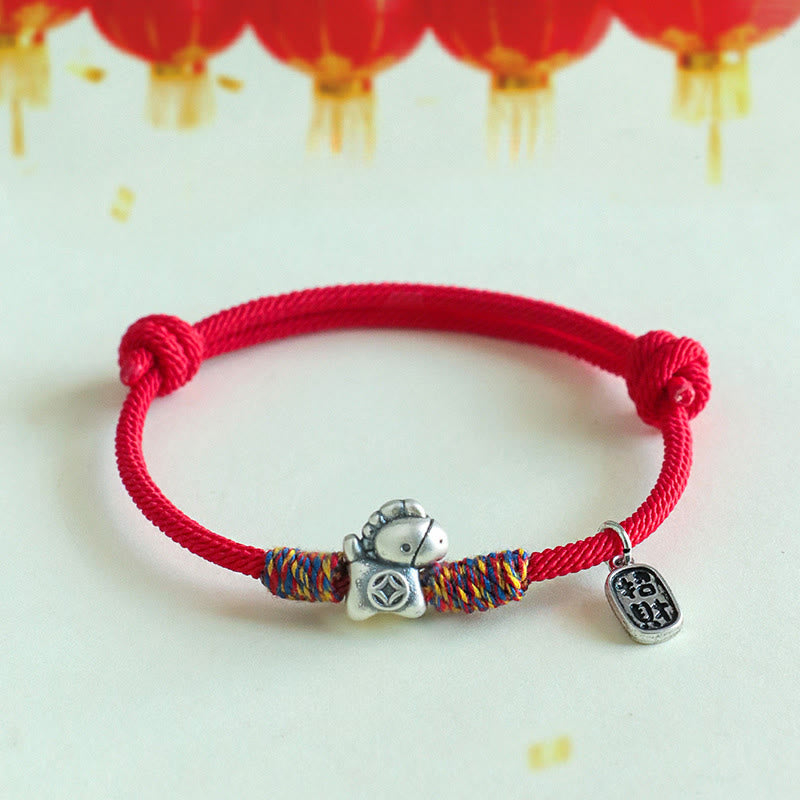 Bracelet porte-bonheur en argent sterling 999 et Buddha Stones, année du Cheval, symbole Fu, cordelette porte-bonheur. - Cordon rouge (Tour de poignet : 14-19 cm) - image 9
