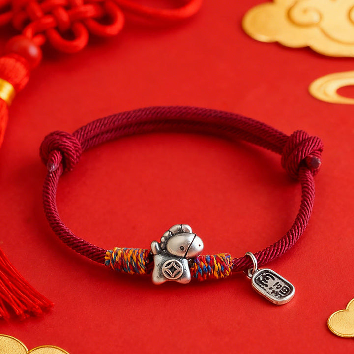 Bracelet porte-bonheur en argent sterling 999 et Buddha Stones, année du Cheval, symbole Fu, cordelette porte-bonheur. - image 0