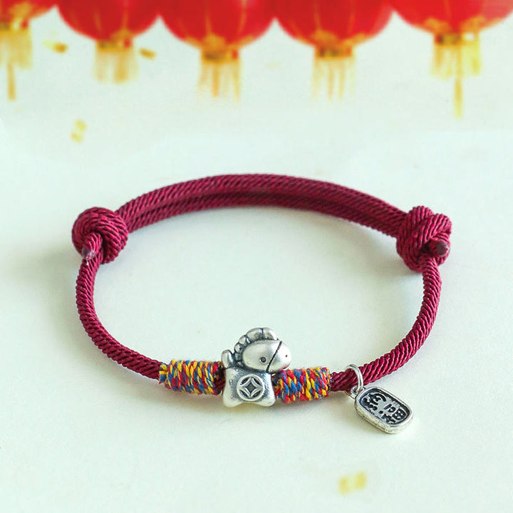 Bracelet porte-bonheur en argent sterling 999 et Buddha Stones, année du Cheval, symbole Fu, cordelette porte-bonheur. - Cordon rouge foncé (Tour de poignet : 14-19 cm) - image 1