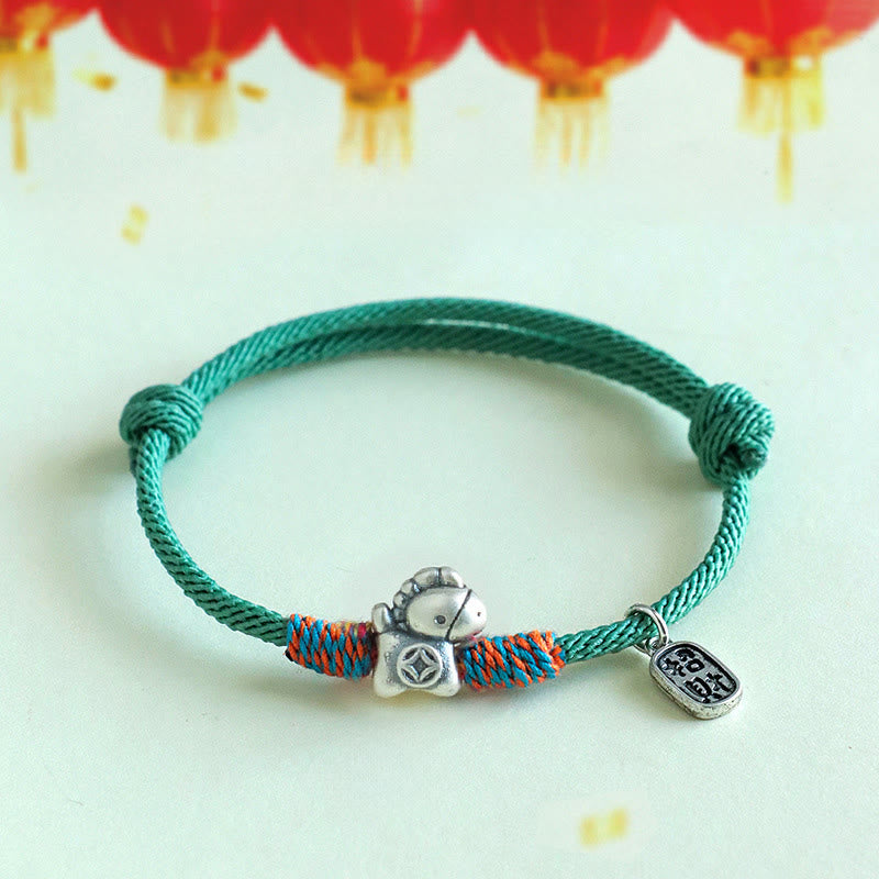 Bracelet porte-bonheur en argent sterling 999 et Buddha Stones, année du Cheval, symbole Fu, cordelette porte-bonheur. - Corde verte (Tour de poignet : 14-19 cm) - image 18