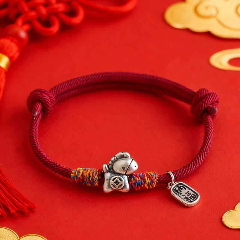 Bracelet porte-bonheur en argent sterling 999 et Buddha Stones, année du Cheval, symbole Fu, cordelette porte-bonheur. - image 0
