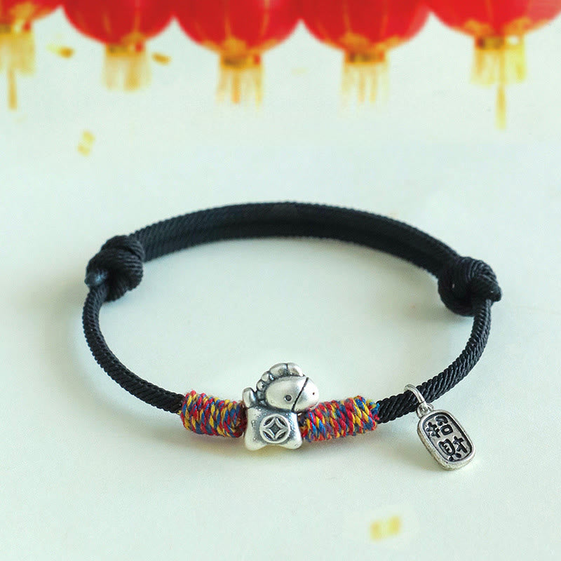 Bracelet porte-bonheur en argent sterling 999 et Buddha Stones, année du Cheval, symbole Fu, cordelette porte-bonheur. - Cordon noir (Tour de poignet : 14-19 cm) - image 14