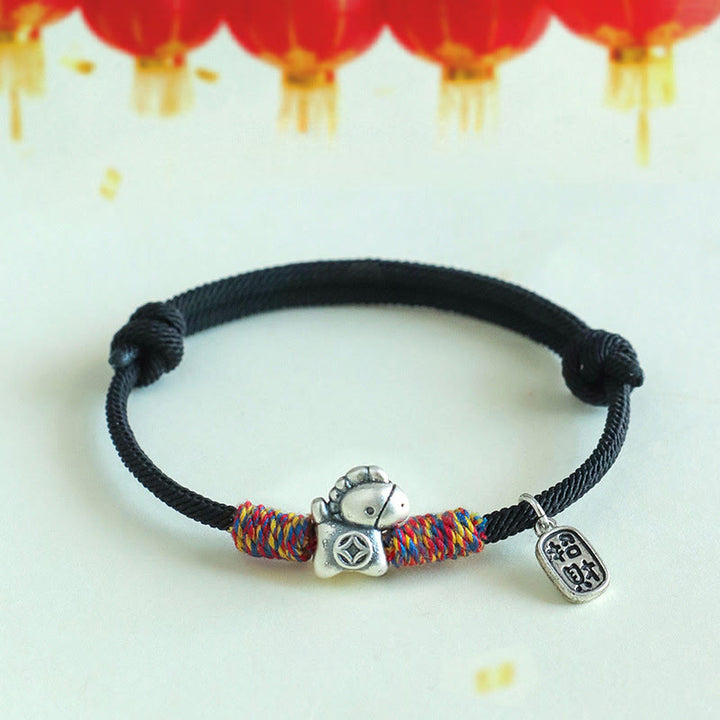 Bracelet porte-bonheur en argent sterling 999 et Buddha Stones, année du Cheval, symbole Fu, cordelette porte-bonheur. - Cordon noir (Tour de poignet : 14-19 cm) - image 14