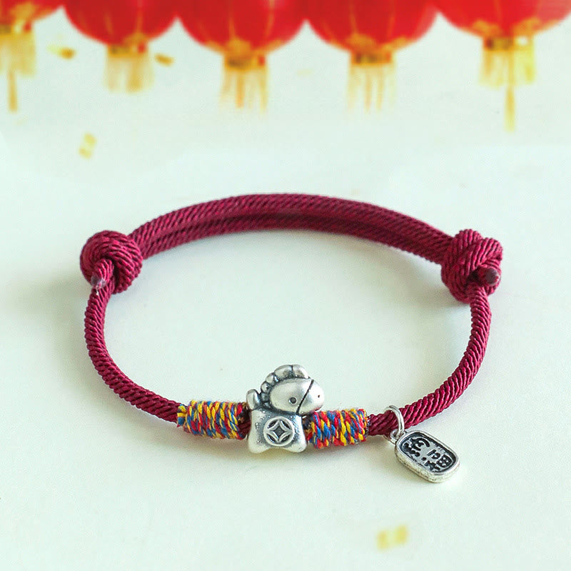 Bracelet porte-bonheur en argent sterling 999 et Buddha Stones, année du Cheval, symbole Fu, cordelette porte-bonheur. - Cordon rouge foncé (Tour de poignet : 14-19 cm) - image 1
