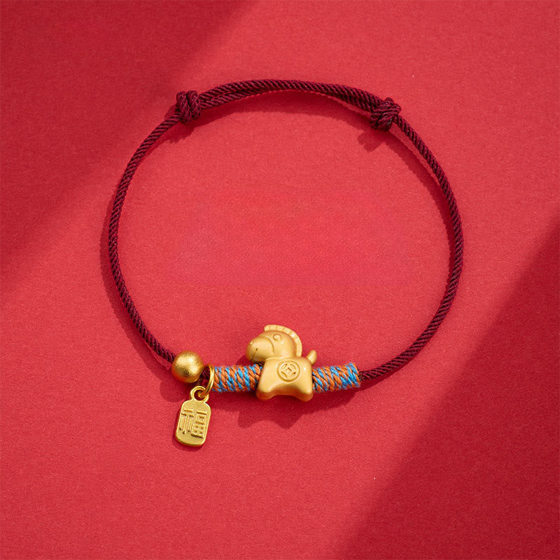 Bracelet porte-bonheur tissé à la main en corde tressée avec le caractère Fu et les Buddha Stones, année du Cheval. - Cordon rouge foncé (Tour de poignet : 14-19 cm) - image 8