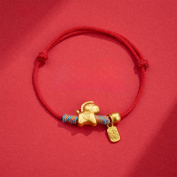 Bracelet porte-bonheur tissé à la main en corde tressée avec le caractère Fu et les Buddha Stones, année du Cheval. - Cordon rouge (Tour de poignet : 14-19 cm) - image 1