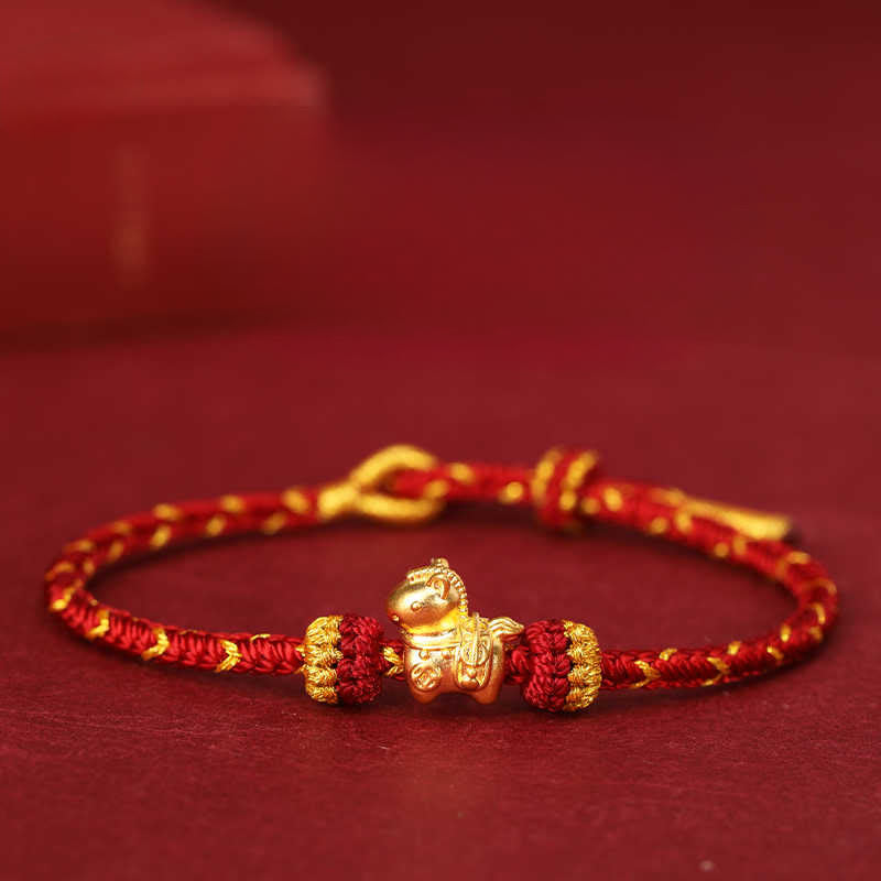 Bracelet ajustable en corde tressée or 999 Buddha Stones , symbole de chance et année du Cheval - Corde rouge foncé - Or 999 0,35 g - 16-18 cm - image 0