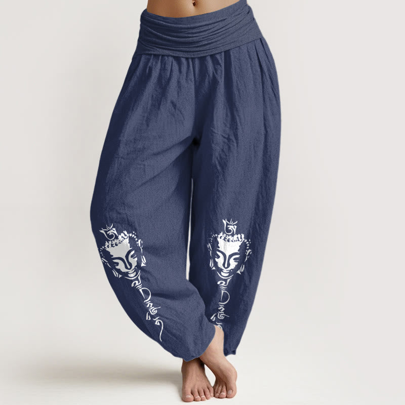 Pantalon harem pour femme en pur coton avec motif Buddha Stones de Bouddha, taille élastique. - Bleu ardoise foncé - US16，UK/AU20，EU48 (3XL) - image 0