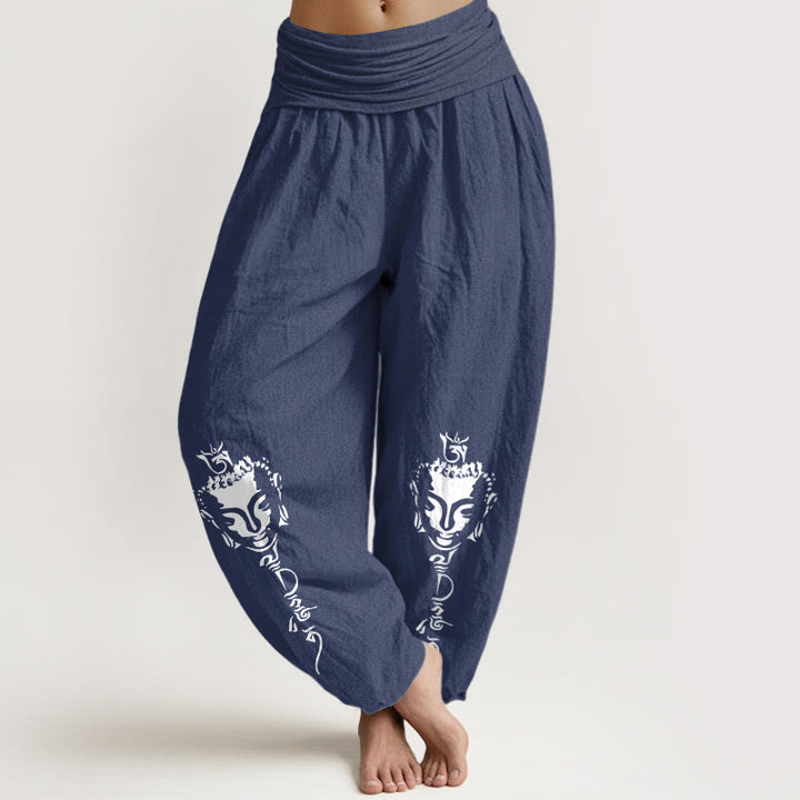 Pantalon harem pour femme en pur coton avec motif Buddha Stones de Bouddha, taille élastique. - Bleu ardoise foncé - US16，UK/AU20，EU48 (3XL) - image 0