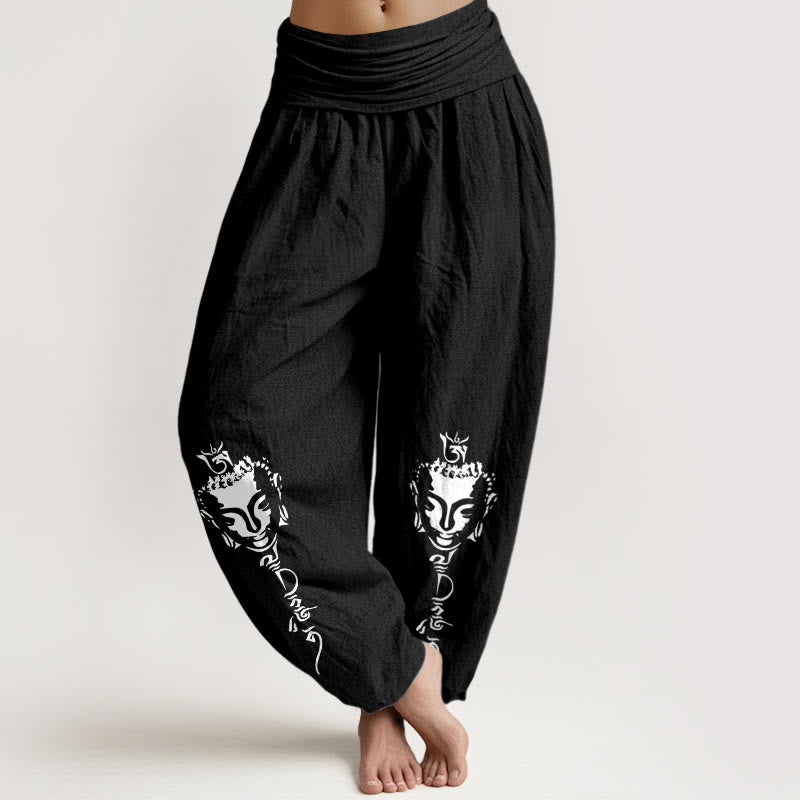 Pantalon harem pour femme en pur coton avec motif Buddha Stones de Bouddha, taille élastique. - Noir - US16，UK/AU20，EU48 (3XL) - image 5