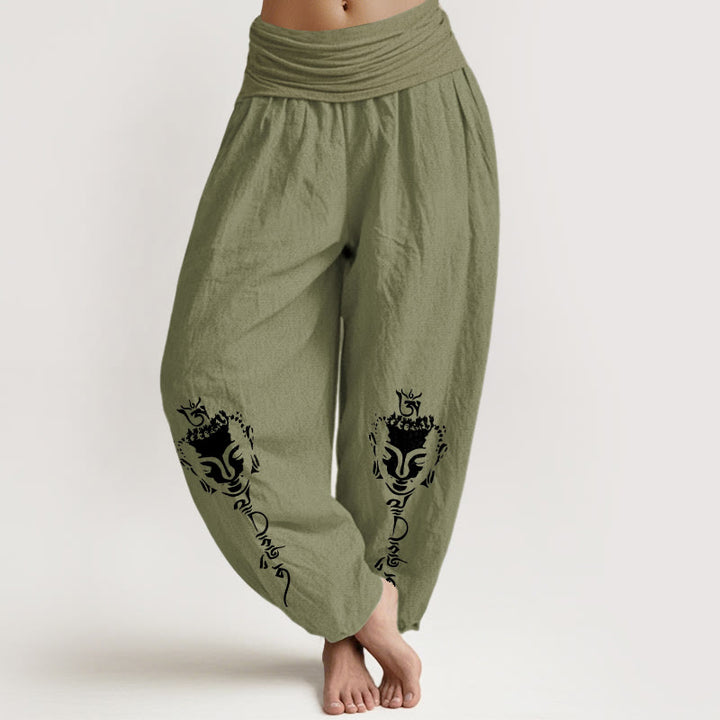 Pantalon harem pour femme en pur coton avec motif Buddha Stones de Bouddha, taille élastique. - Vert olive - US16，UK/AU20，EU48 (3XL) - image 14