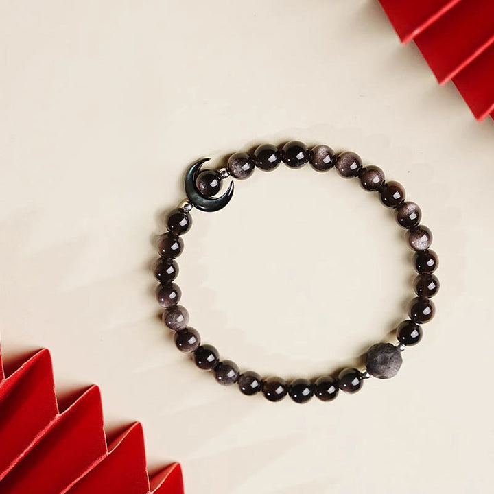 Bracelet de protection en perles d'obsidienne naturelle argentée, motif lune et Buddha Stones - image 2