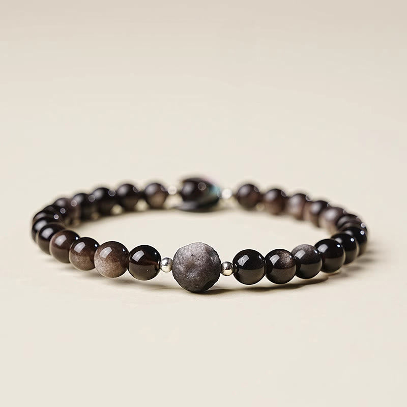 Bracelet de protection en perles d'obsidienne naturelle argentée, motif lune et Buddha Stones - image 1