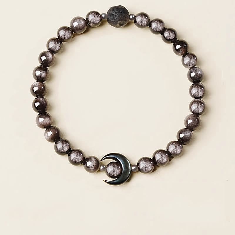 Bracelet de protection en perles d'obsidienne naturelle argentée, motif lune et Buddha Stones - image 3