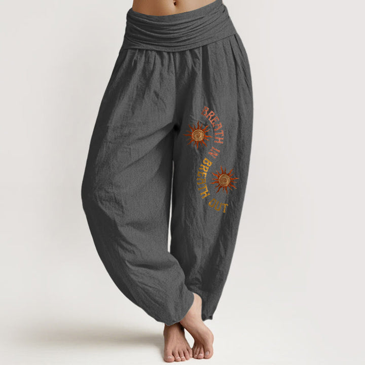 Pantalon harem femme en pur coton, motif Buddha Stones, tons chauds et phrases anglaises. Taille élastique. - Gris sombre - US16，UK/AU20，EU48 (3XL) - image 8