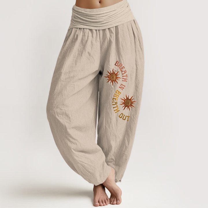 Pantalon harem femme en pur coton, motif Buddha Stones, tons chauds et phrases anglaises. Taille élastique. - Tanné - US16，UK/AU20，EU48 (3XL) - image 11