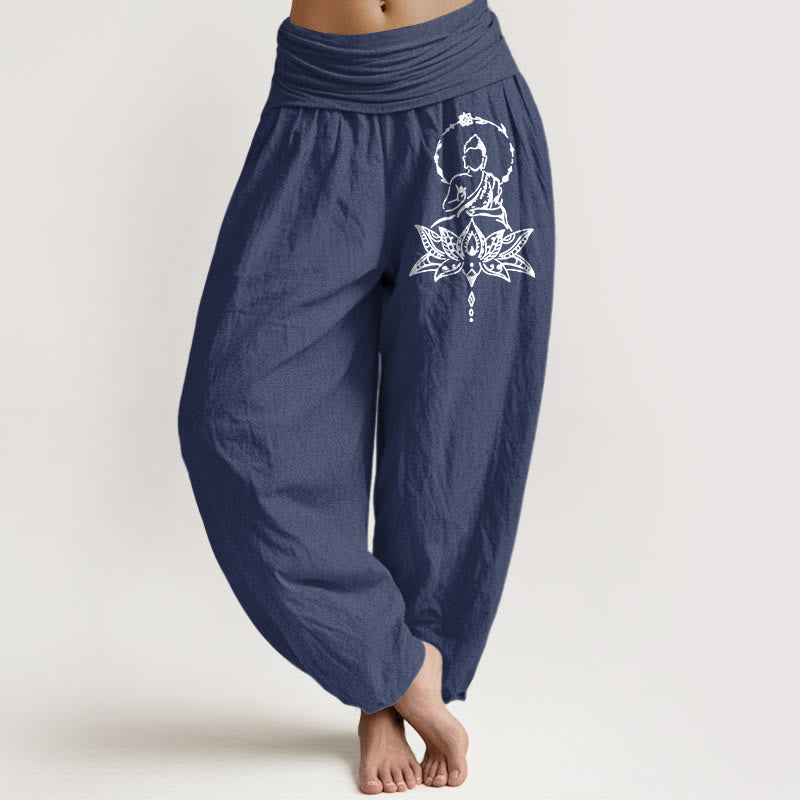 Pantalon harem pour femme en pur coton à motif de lotus et de Bouddha, taille élastique, orné de Buddha Stones - Bleu ardoise foncé - US16，UK/AU20，EU48 (3XL) - image 0