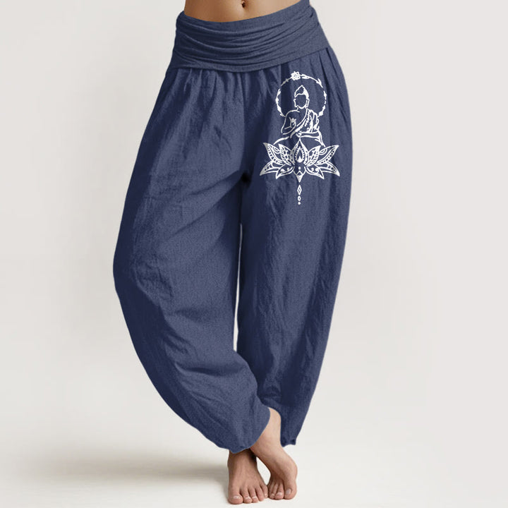 Pantalon harem pour femme en pur coton à motif de lotus et de Bouddha, taille élastique, orné de Buddha Stones - Bleu ardoise foncé - US16，UK/AU20，EU48 (3XL) - image 0