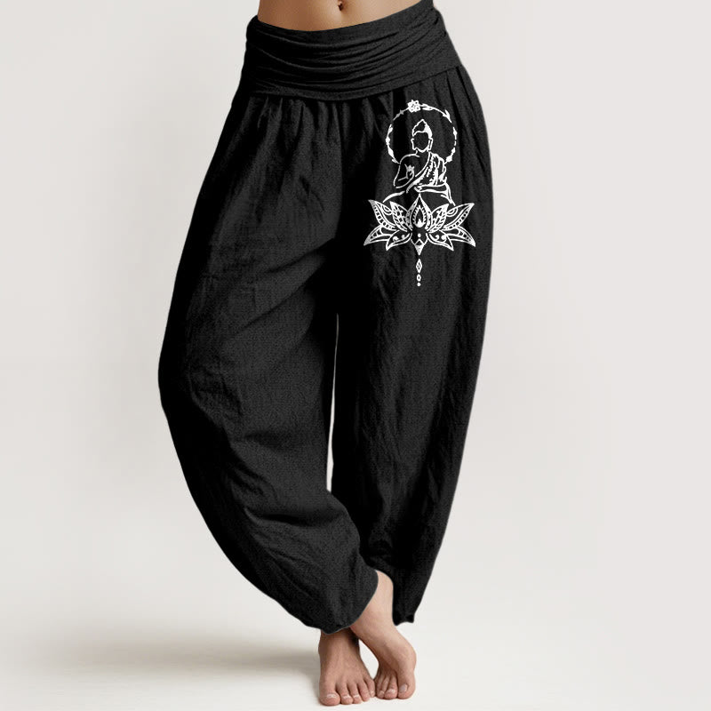 Pantalon harem pour femme en pur coton à motif de lotus et de Bouddha, taille élastique, orné de Buddha Stones - Noir - US16，UK/AU20，EU48 (3XL) - image 5