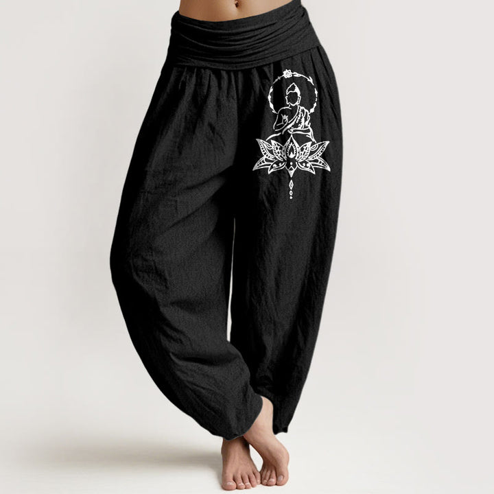 Pantalon harem pour femme en pur coton à motif de lotus et de Bouddha, taille élastique, orné de Buddha Stones - Noir - US16，UK/AU20，EU48 (3XL) - image 5