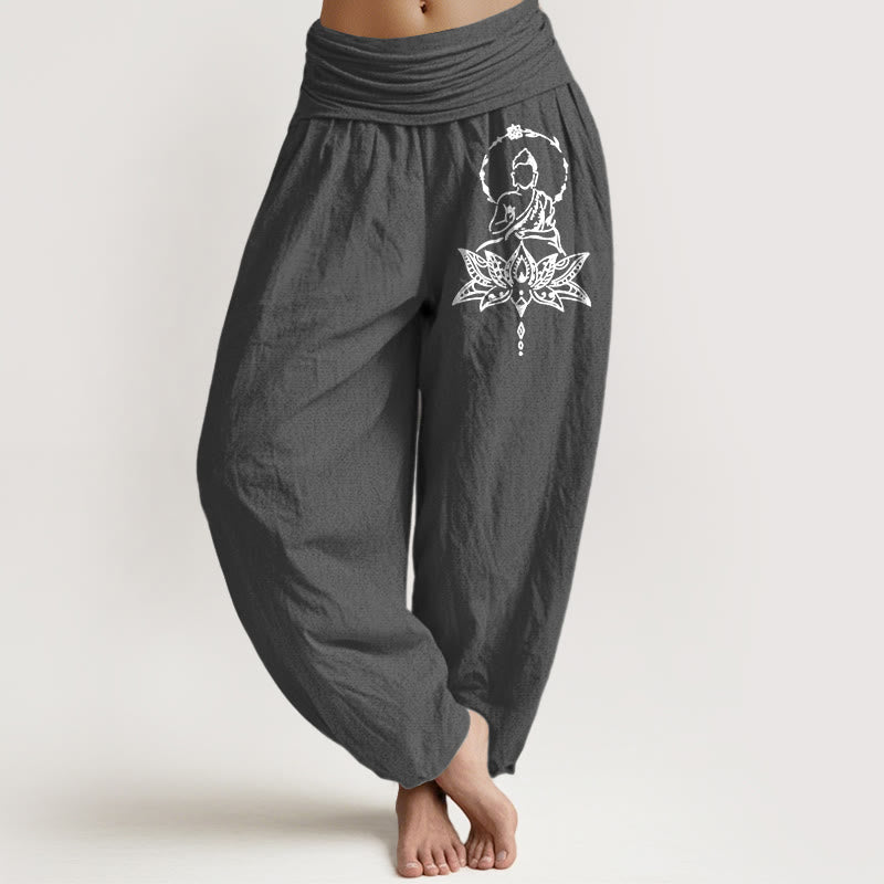 Pantalon harem pour femme en pur coton à motif de lotus et de Bouddha, taille élastique, orné de Buddha Stones - Gris terne - US16，UK/AU20，EU48 (3XL) - image 8