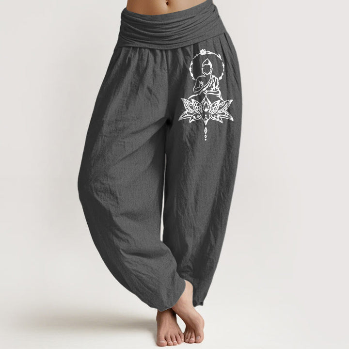 Pantalon harem pour femme en pur coton à motif de lotus et de Bouddha, taille élastique, orné de Buddha Stones - Gris terne - US16，UK/AU20，EU48 (3XL) - image 8