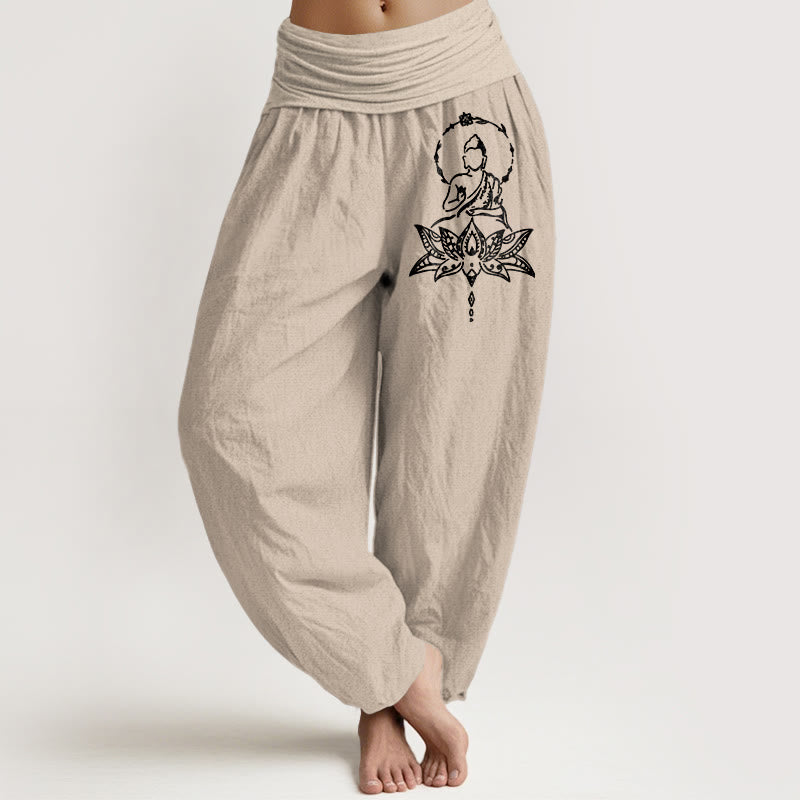 Pantalon harem pour femme en pur coton à motif de lotus et de Bouddha, taille élastique, orné de Buddha Stones - Tanné - US16，UK/AU20，EU48 (3XL) - image 11