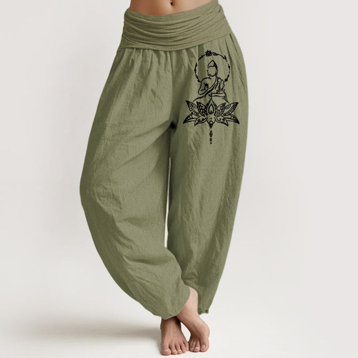 Pantalon harem pour femme en pur coton à motif de lotus et de Bouddha, taille élastique, orné de Buddha Stones - Vert olive - US16，UK/AU20，EU48 (3XL) - image 14