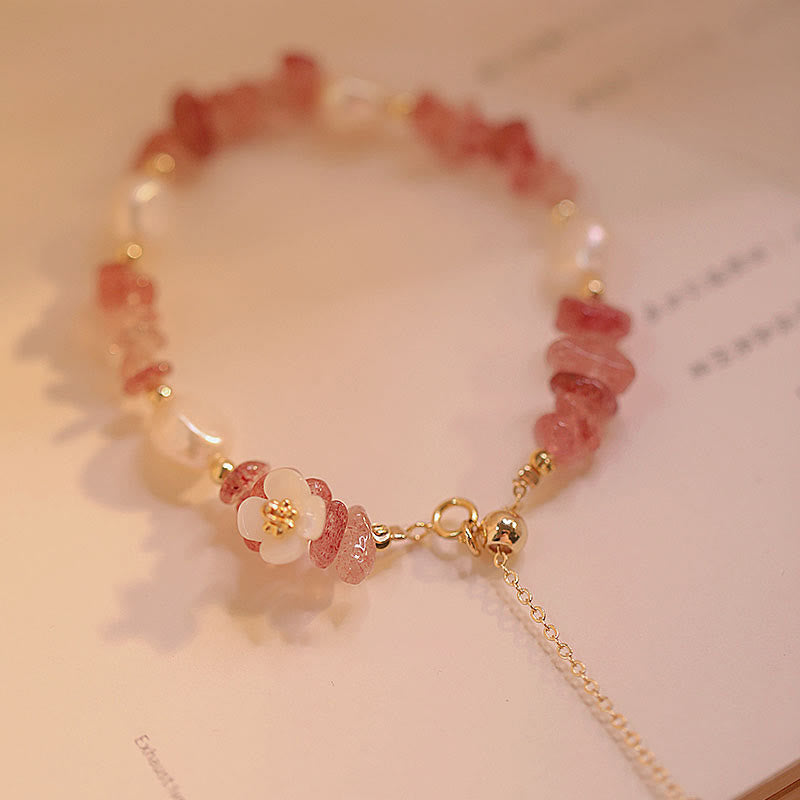 Bracelet de guérison en quartz fraise naturel irrégulier, perle blanche et pierre de Buddha Stones - image 4