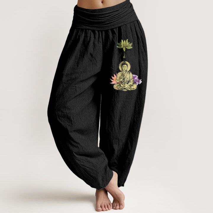 Pantalon harem pour femme en pur coton , motif lotus et Bouddha traditionnel, taille élastique. - Noir - US16，UK/AU20，EU48 (3XL) - image 0