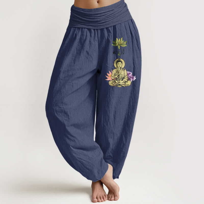 Pantalon harem pour femme en pur coton , motif lotus et Bouddha traditionnel, taille élastique. - Bleu ardoise foncé - US16，UK/AU20，EU48 (3XL) - image 5