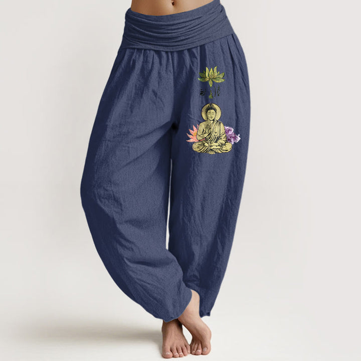Pantalon harem pour femme en pur coton , motif lotus et Bouddha traditionnel, taille élastique. - Bleu ardoise foncé - US16，UK/AU20，EU48 (3XL) - image 5
